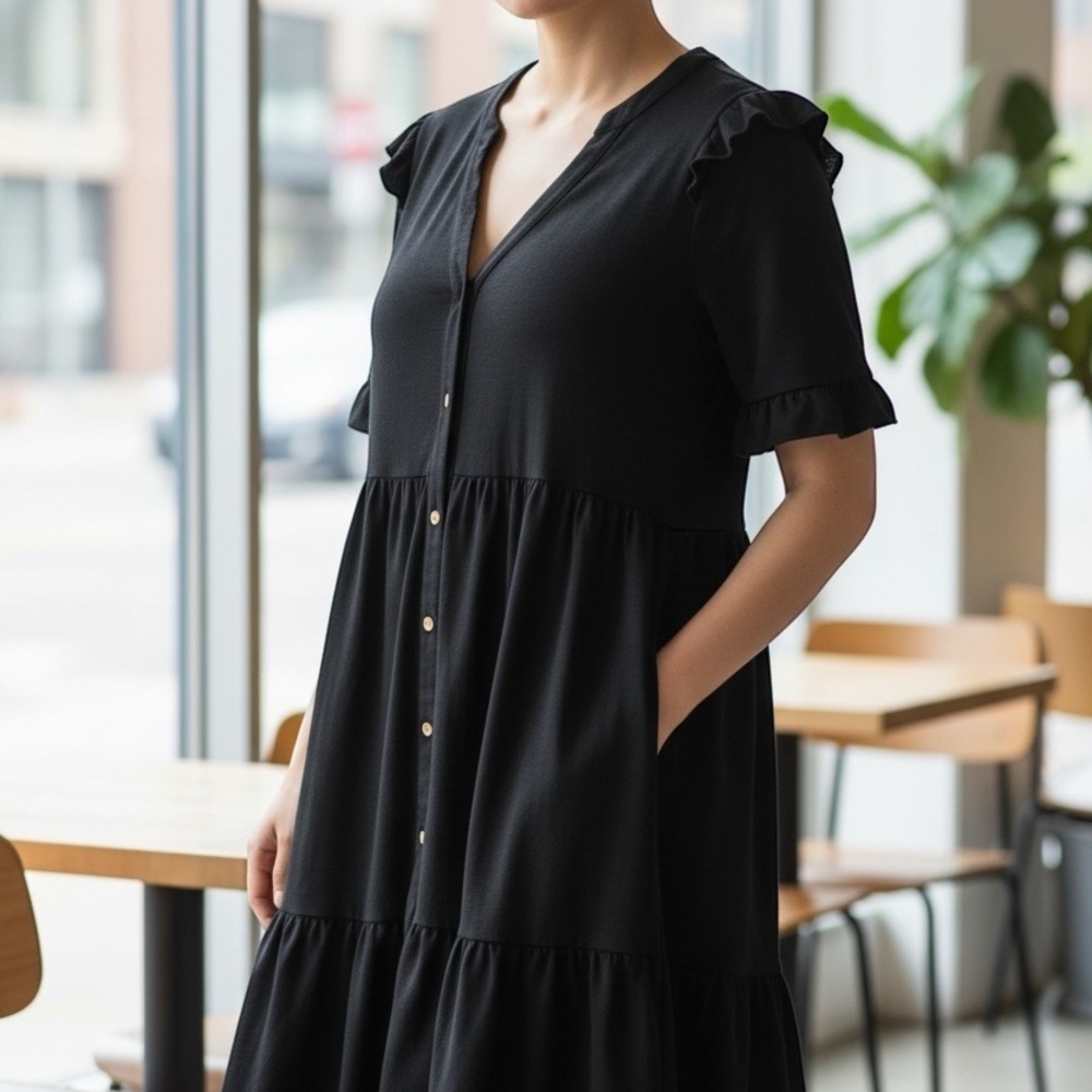 Ruffle-Sleeve Button Midi Dress in Black